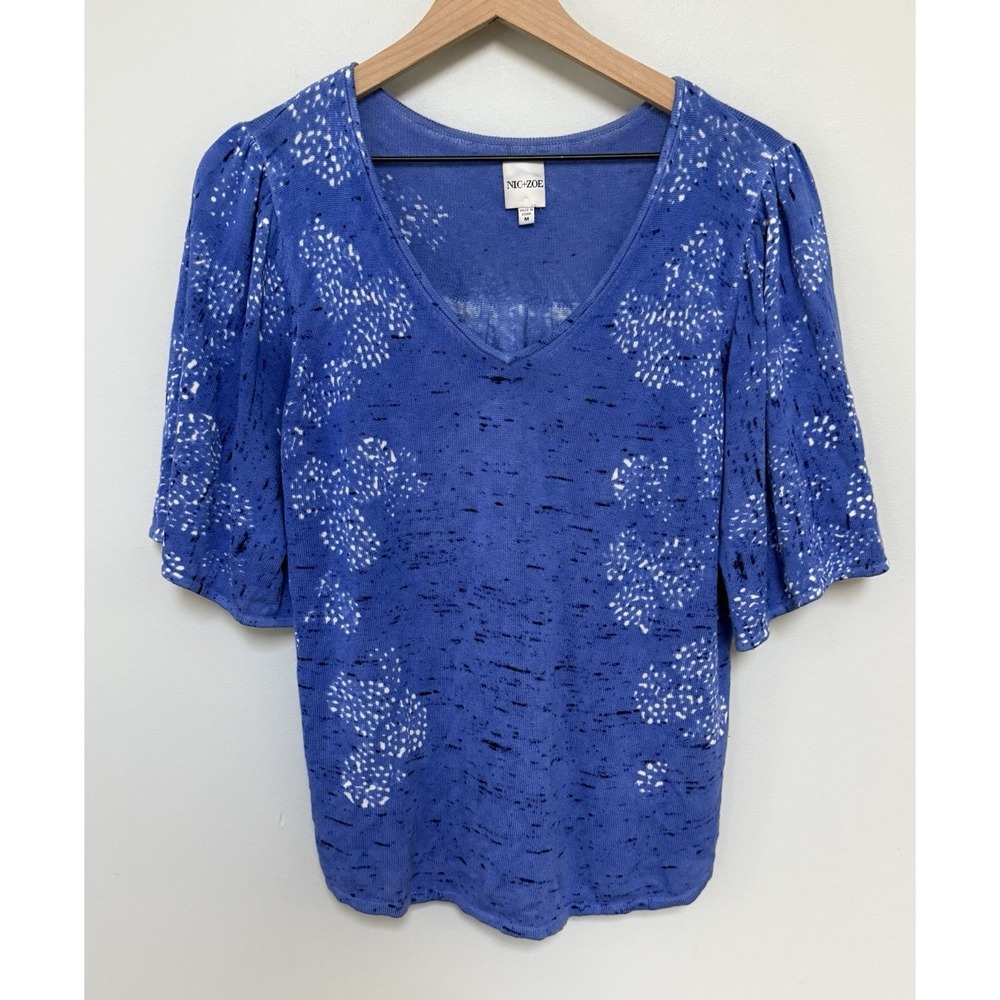 Nic+Zoe Coastline Coral‎ Knit Top Flutter Sleeve Linen Blend Blue Multi Size M